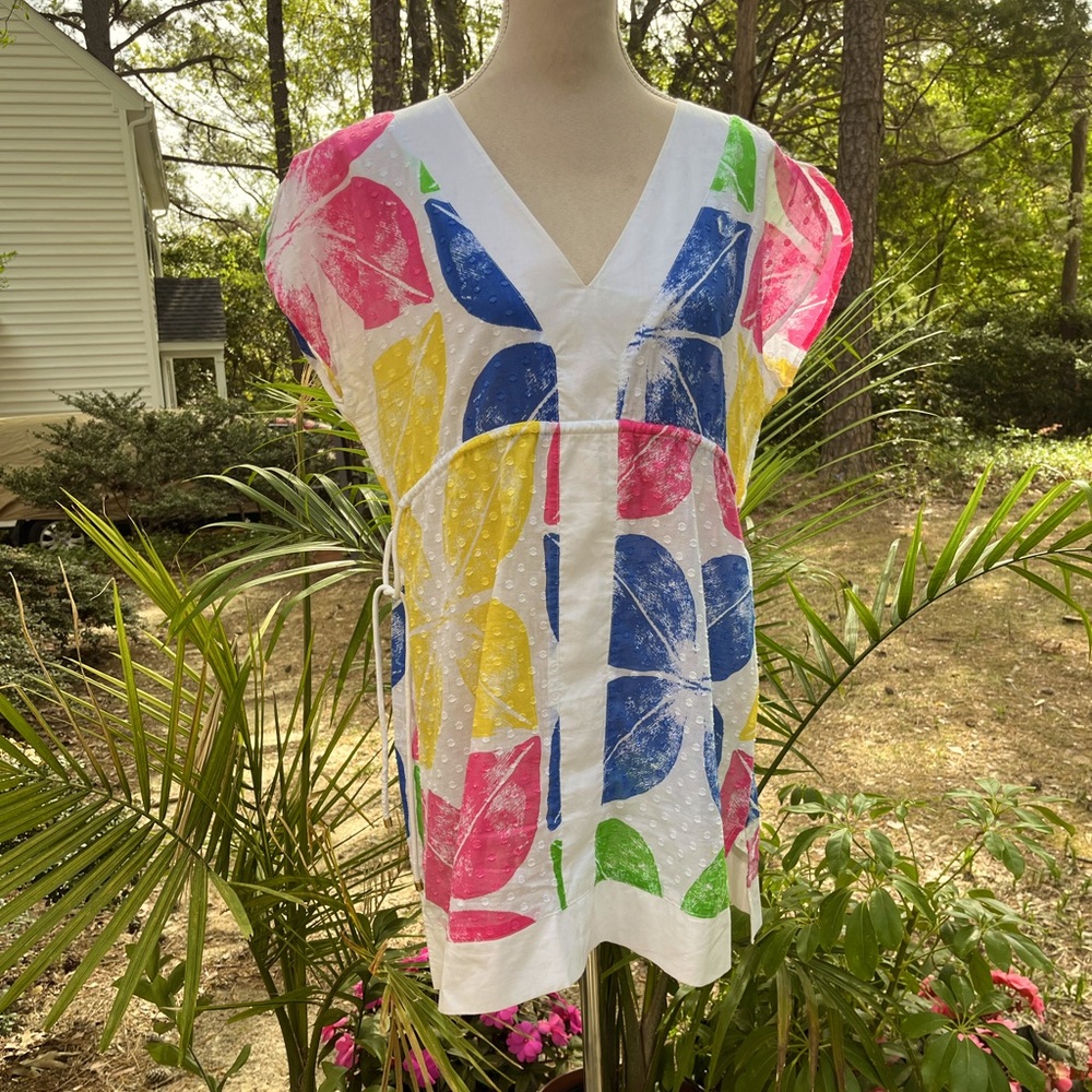 Lilly Pulitzer White Swim Coverup with Pink, Blue, Yellow & Green Leaf Print